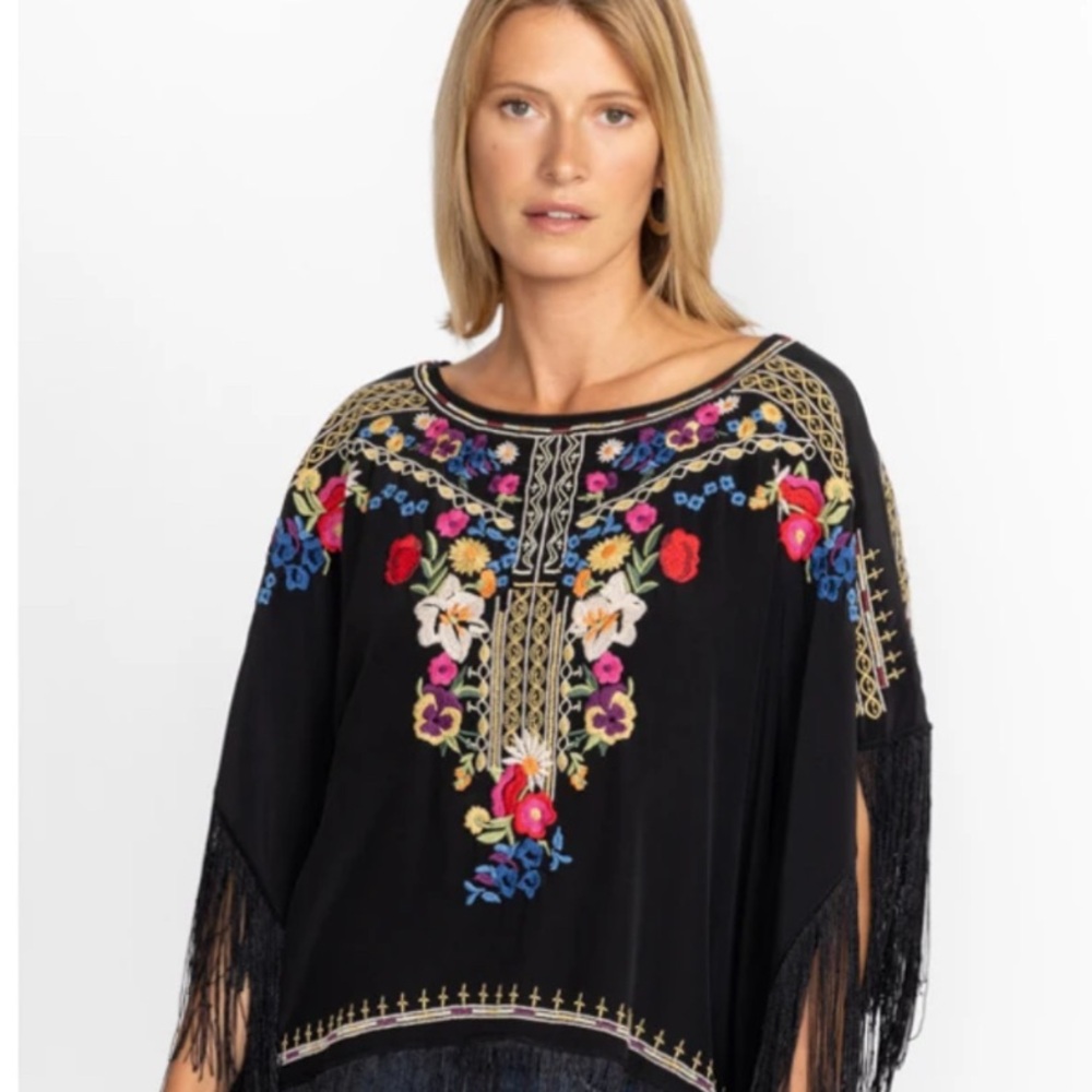 Johnny Was Embroidered Floral Royal Fringe Poncho